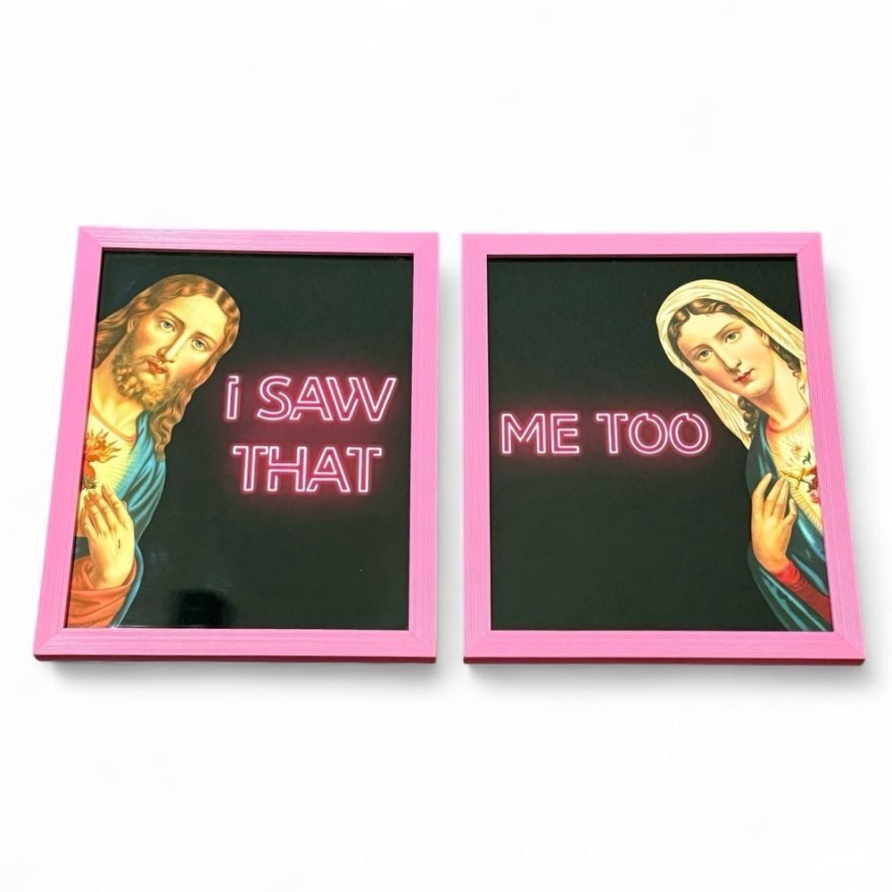 2 Framed “I Saw That” and “Me Too” Jesus and Mary Pictures Pink Frame 12.5x15.5”